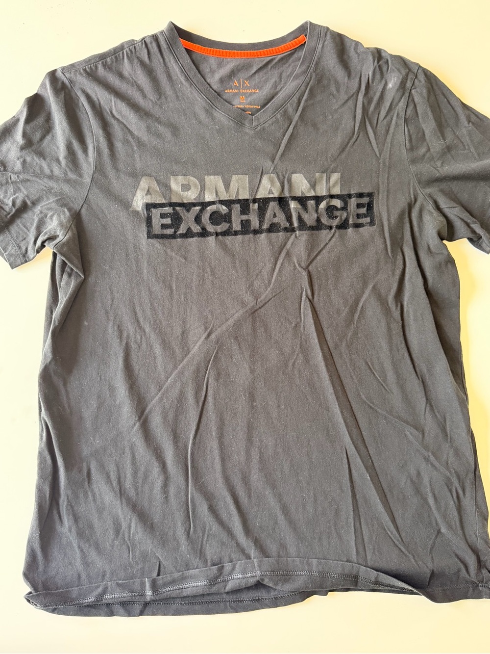Armani Exchange Men’s V-Neck Logo Tee in Charcoal with Orange Trim